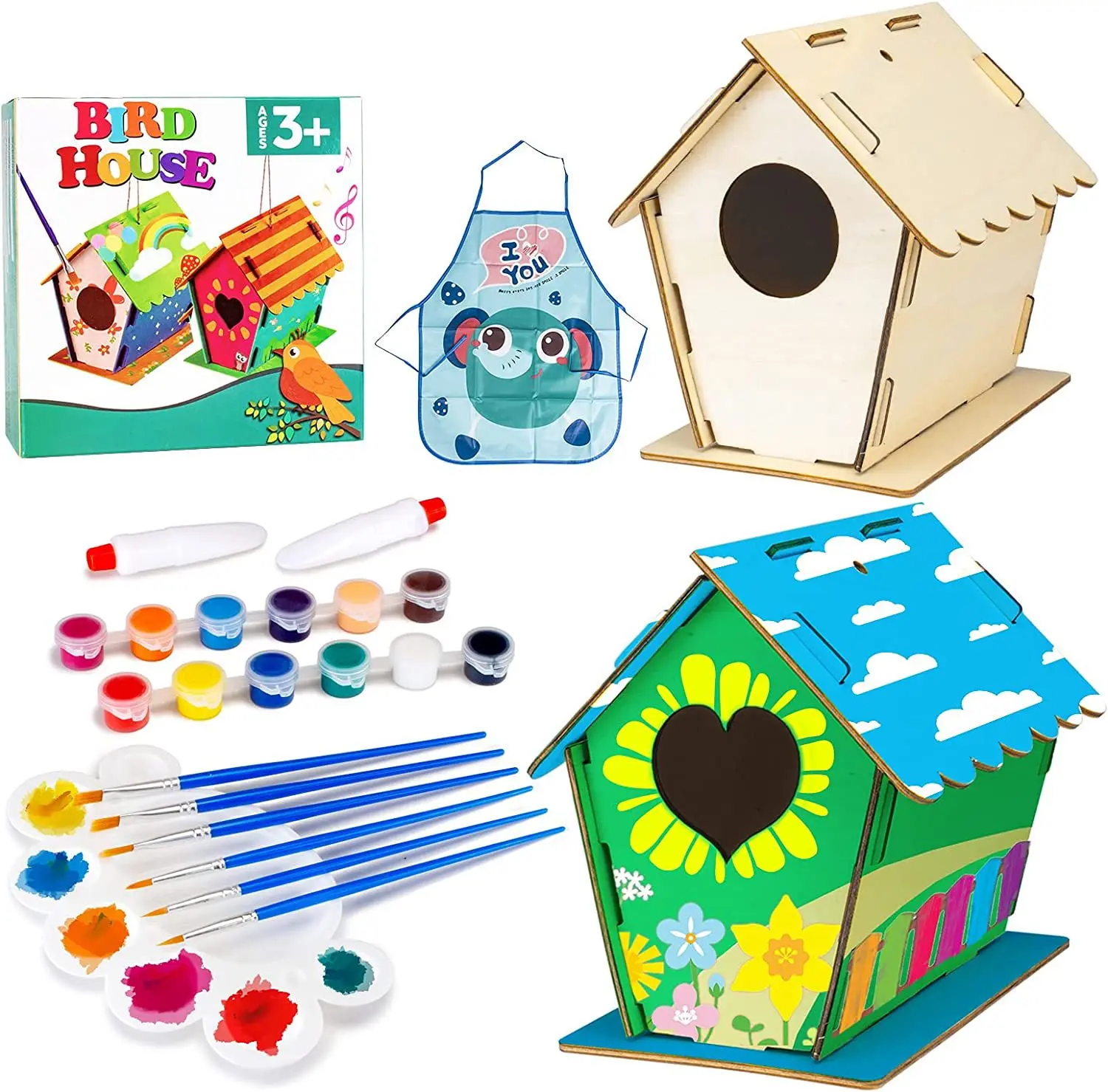 Wooden Handmade bird house kit blank wood board puzzle DIY creative hand painting small house Log cabin craft pendant