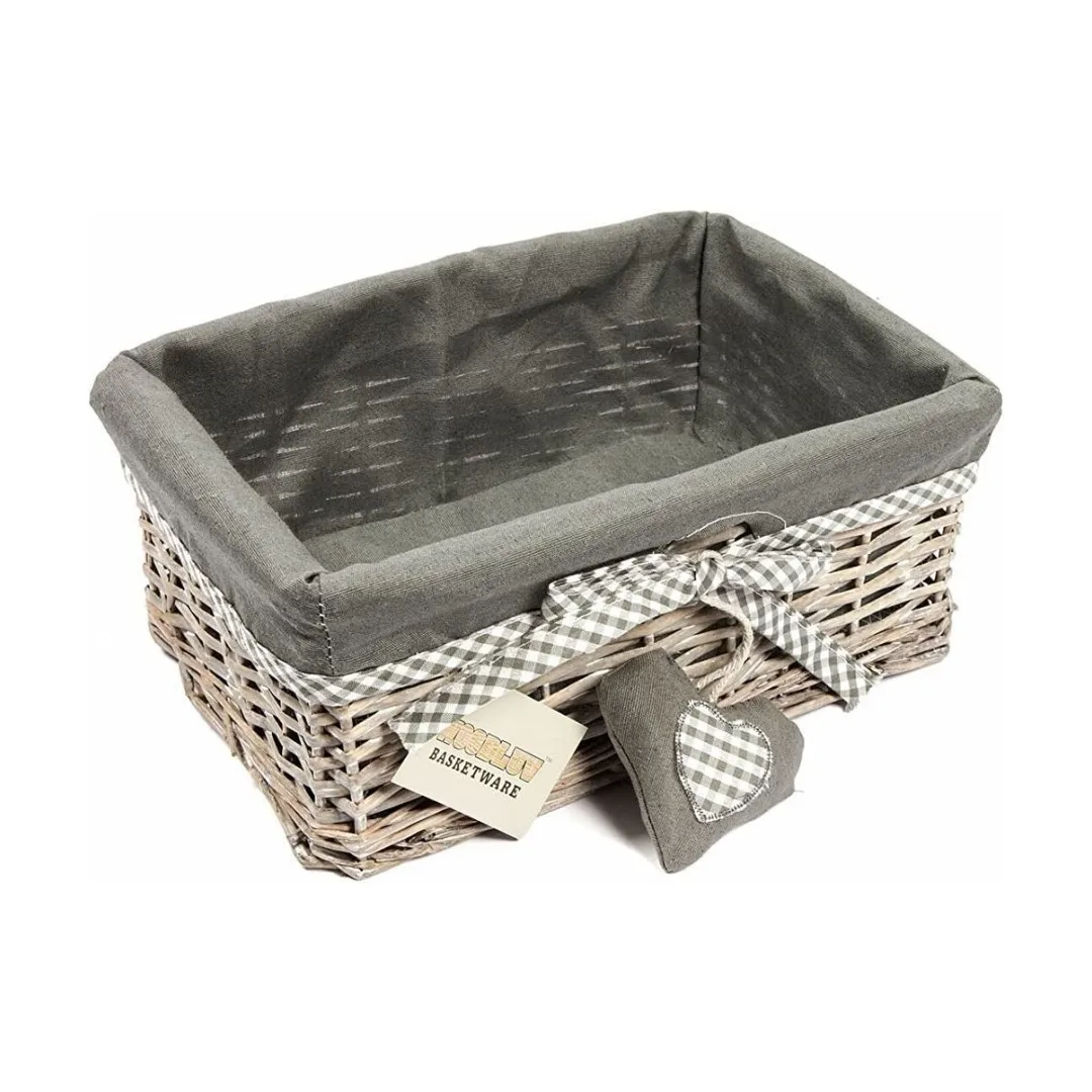 Woodluv Grey Wicker Rectangular Storage Gift Hamper Basket With Removable Lining - Small