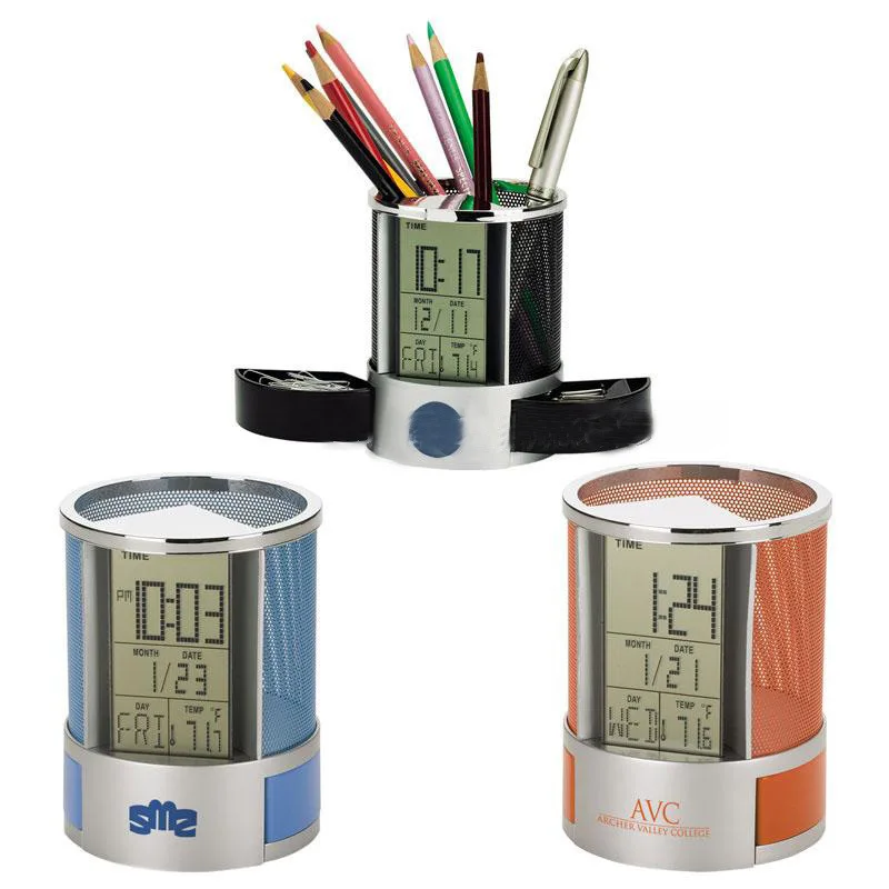 Factory wholesale custom table clock with pen holder pen holder with digital clock pen holder with clock and thermometer