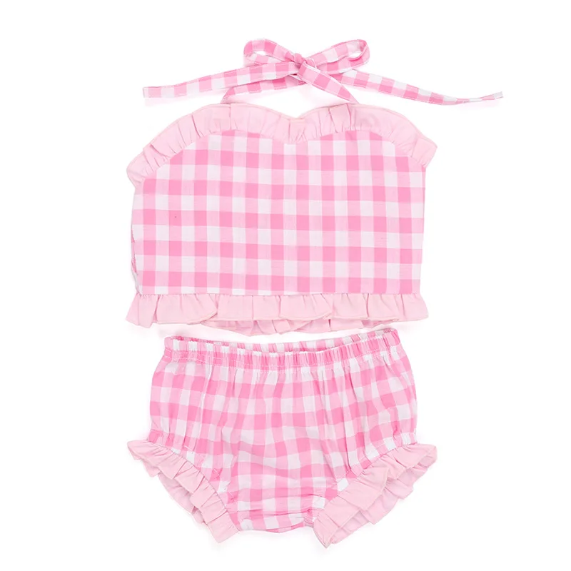 wholesales children girls baby clothes woven plaid 2pc swimsuit girls cotton swimwear