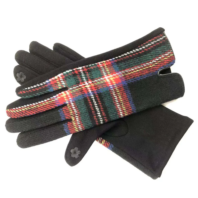 Women Winter Gloves Touch Screen Thick Warm Adult Hand Outdoor Mittens Plaid Gloves