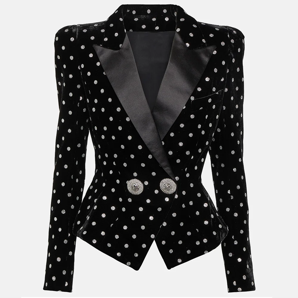 2024 fall women blazer jacket crystal buttons polka dot satin collar slim waist women blazer jacket