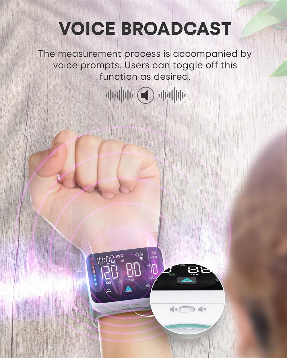 Rechargeable Digital Automatic Wrist Blood Pressure Monitor Large LED Display Blood Pressure Machine with Voice Tensiometro