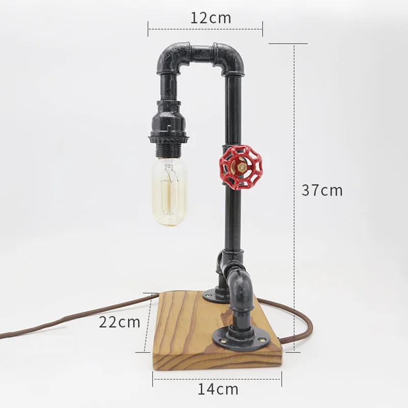 Modern Industrial Style Desk Lamp Wood Base with Iron Pipe and Glass Metal for Steampunk Wall Decor Home Interior Design