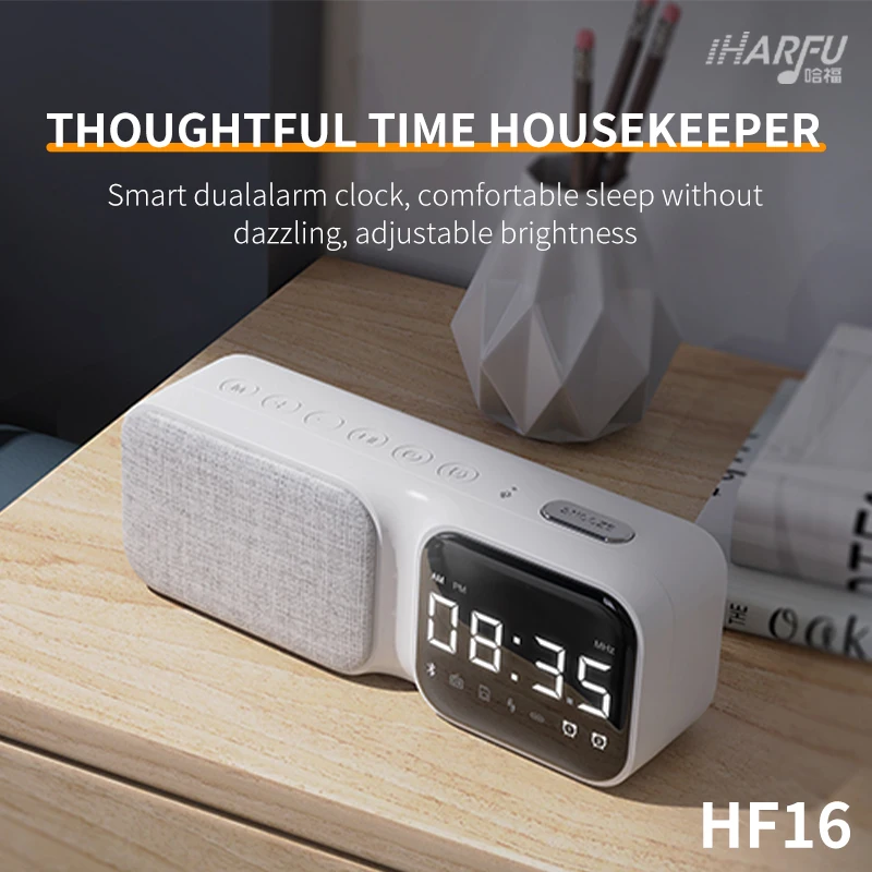 Digital Alarm Clock Radio with Wireless BT Speaker USB Charging Port AUX TF Card Play FM Radio Dual Alarm Temperature LED