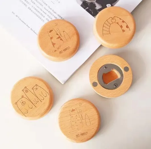 Blank Bottle Opener Fridge Magnet Custom Round  Wood Bottle Opener