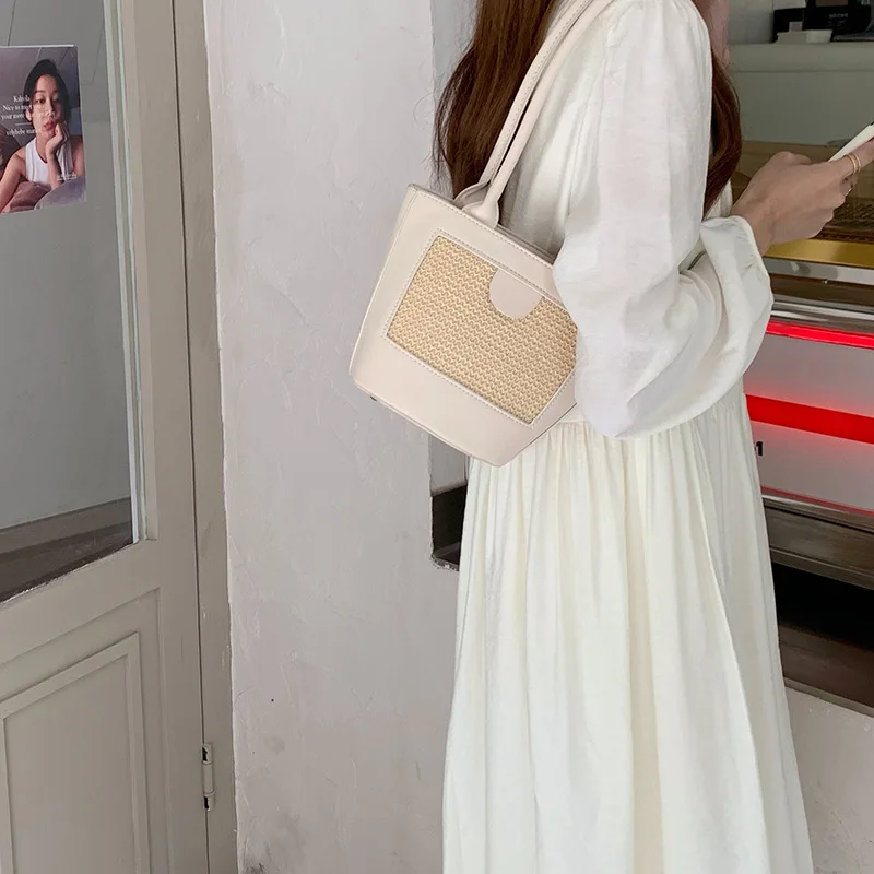 Hot sale ladies designer hand bag shoulder straw bucket bags women handbags