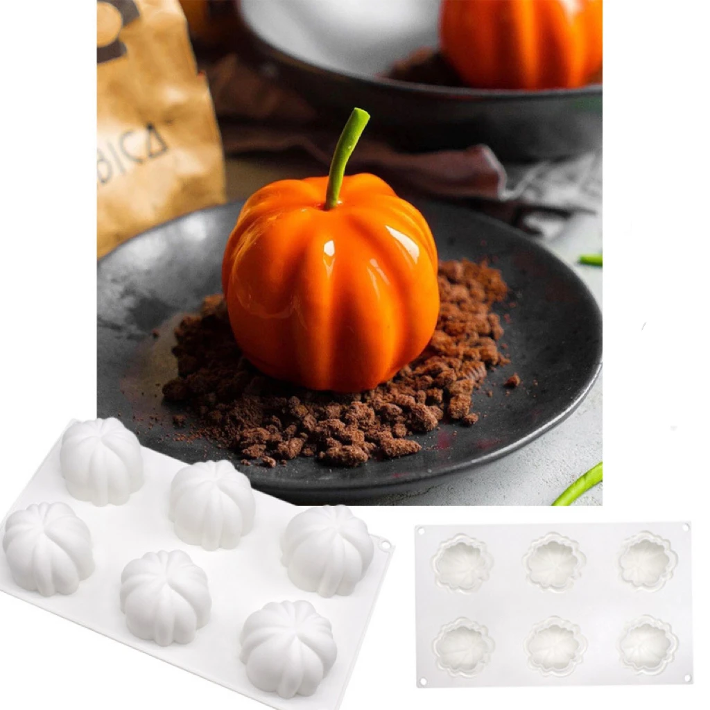 Silicone Cake Molds For Baking - 6 Cavities Cupcake Baking Pan Mousse Mold Tray Halloween 3D Pumpkin Silicone Mold