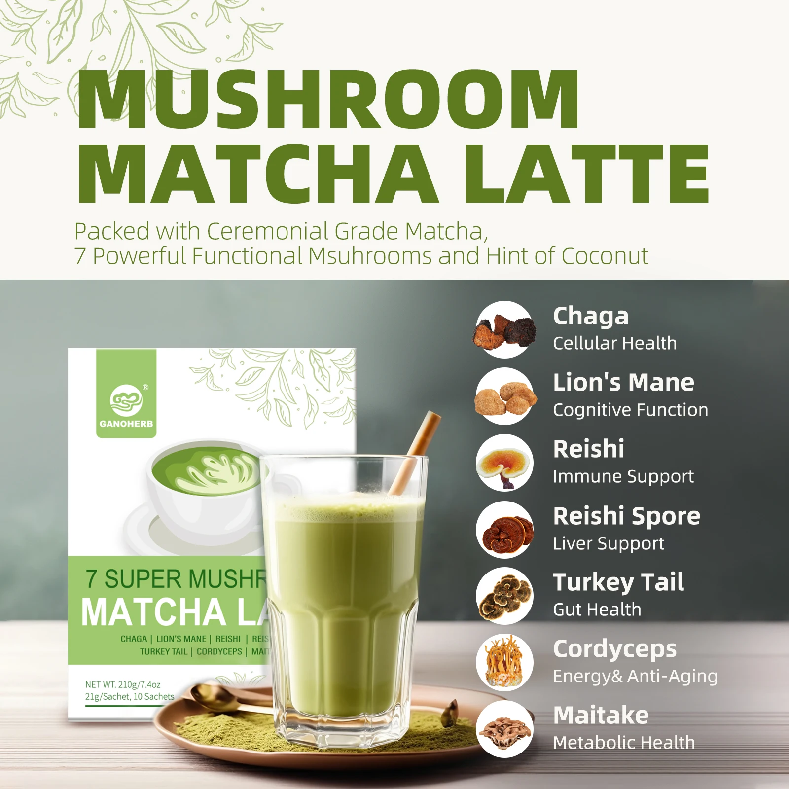 GANOHERB Ganoderma кофейный гриб маття порошок латте смесь кофе напиток Растворимый травяной экстракты