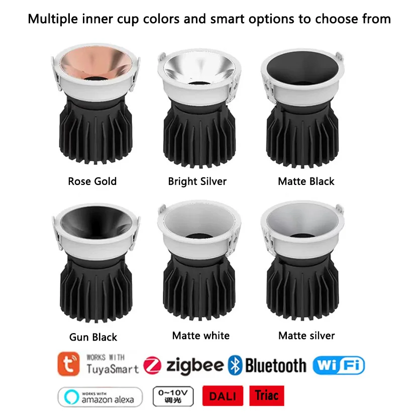 Aluminium anti glare adjustable tuya zigbee cob spotlight recessed 7 15 20 30 40 9 watts downlights 3cct dimmable led downlight