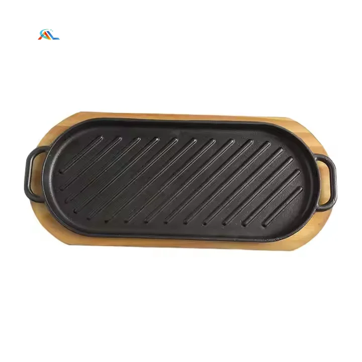 Kitchen Cookware 22/30/38cm Cast Iron Steak Pan Grill Pan Cooking Plate with Wooden Tray