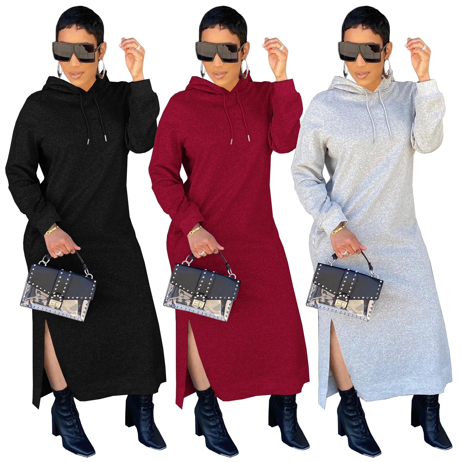 solid color hoodies custom logo casual dresses long hoodie sweatshirt sport dress wholesale for women