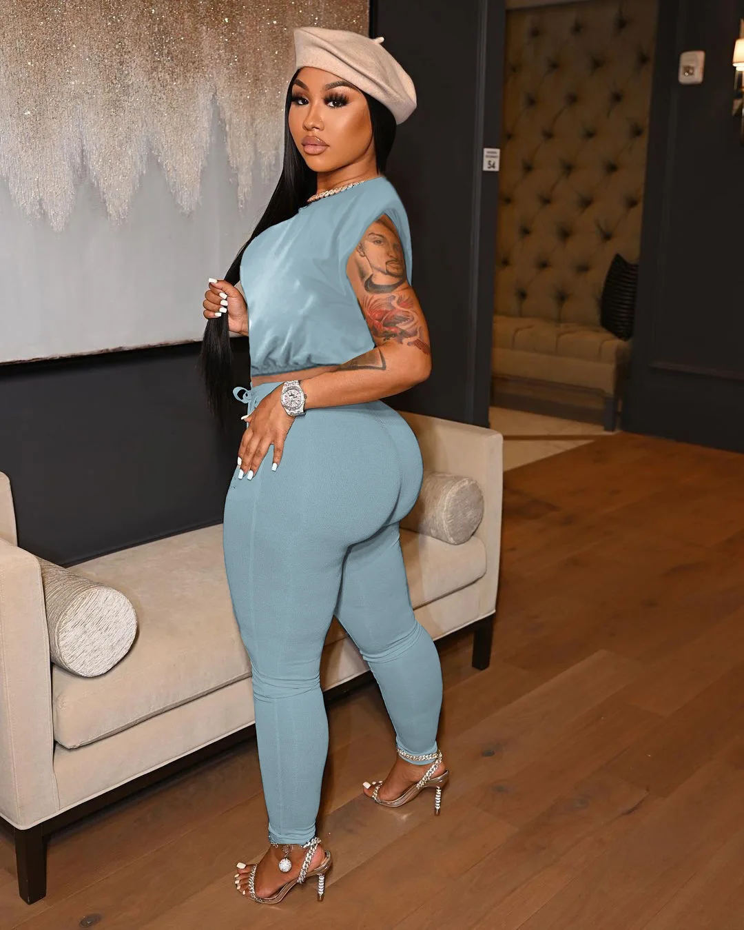 M7559 New arrival solid color crop tank top 2 piece pants set matching sets spring 2022 womens clothing