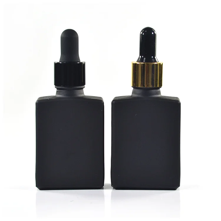 
Essential oil e liquid 30ml matte frosted black rectangle square glass dropper bottle with gold screw cap 