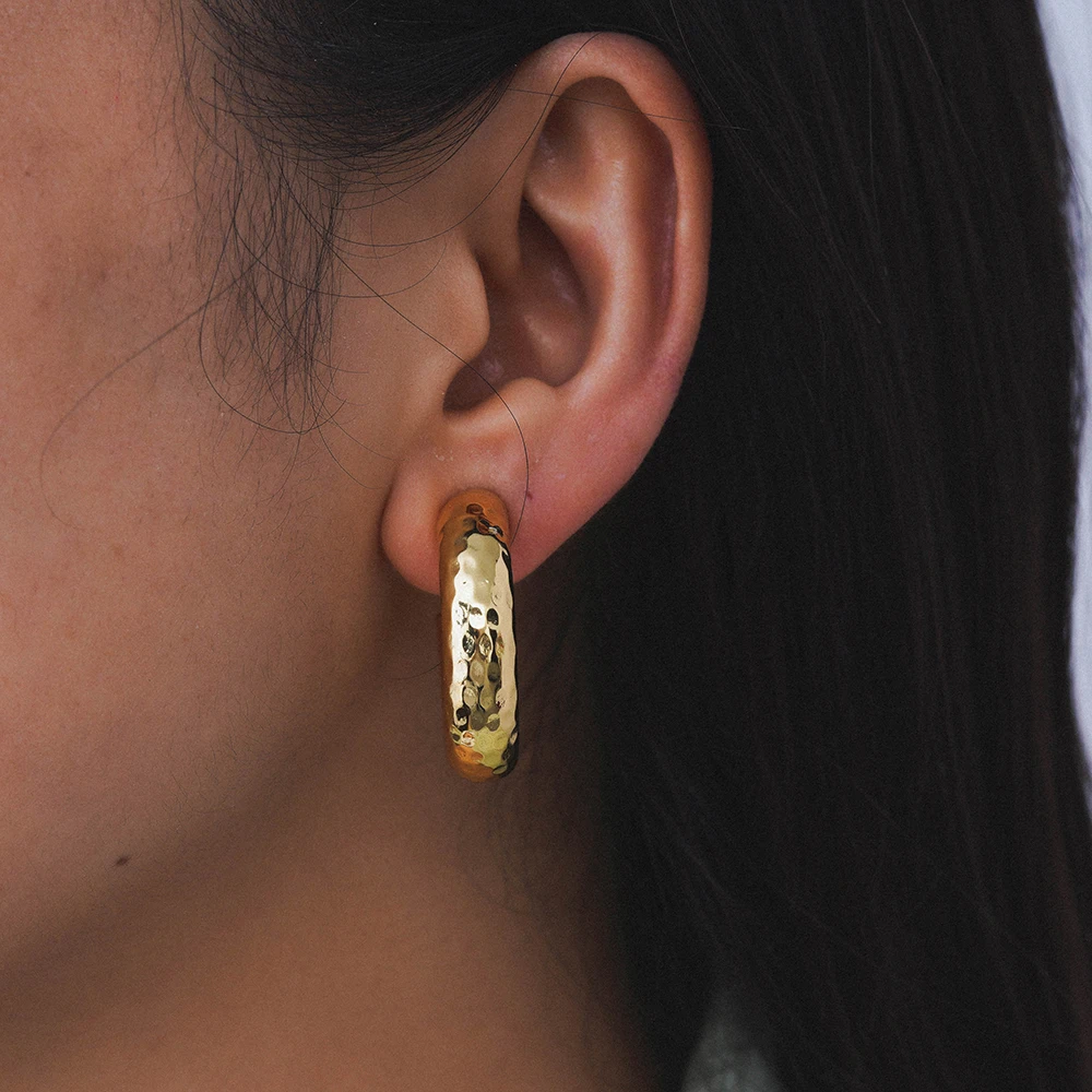 Custom Fahion Women jewelry 2024 14k Gold Plated Hammered Brass Earring Textured Hoop Earring