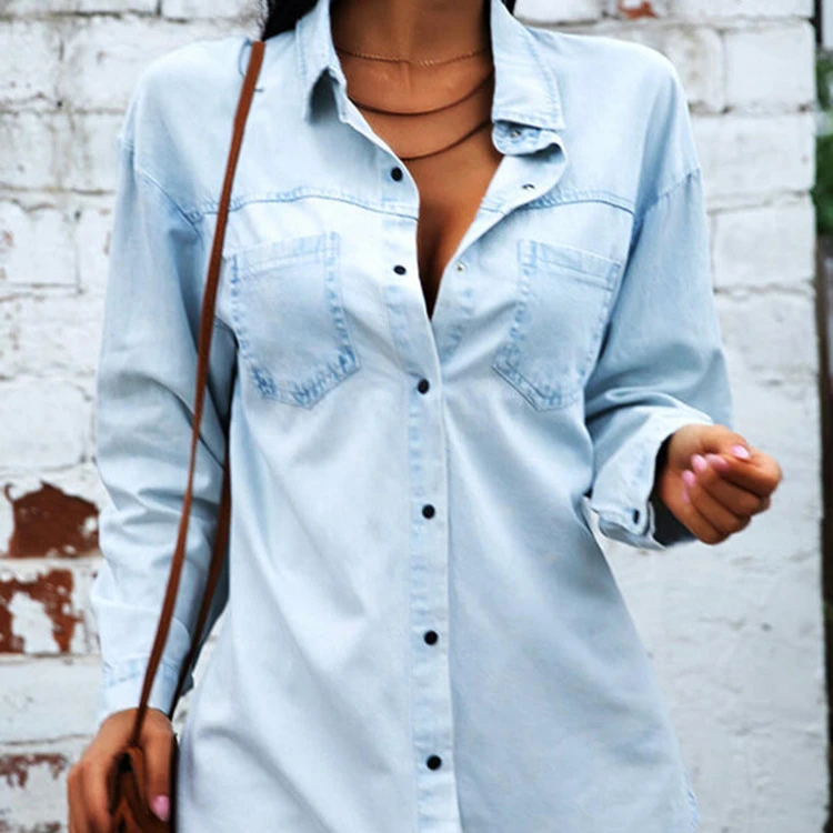 
2021 Women Spring Summer Solid Color Light Blue Newest Style Lady Jean Jacket Long Sleeve Denim Shirt 