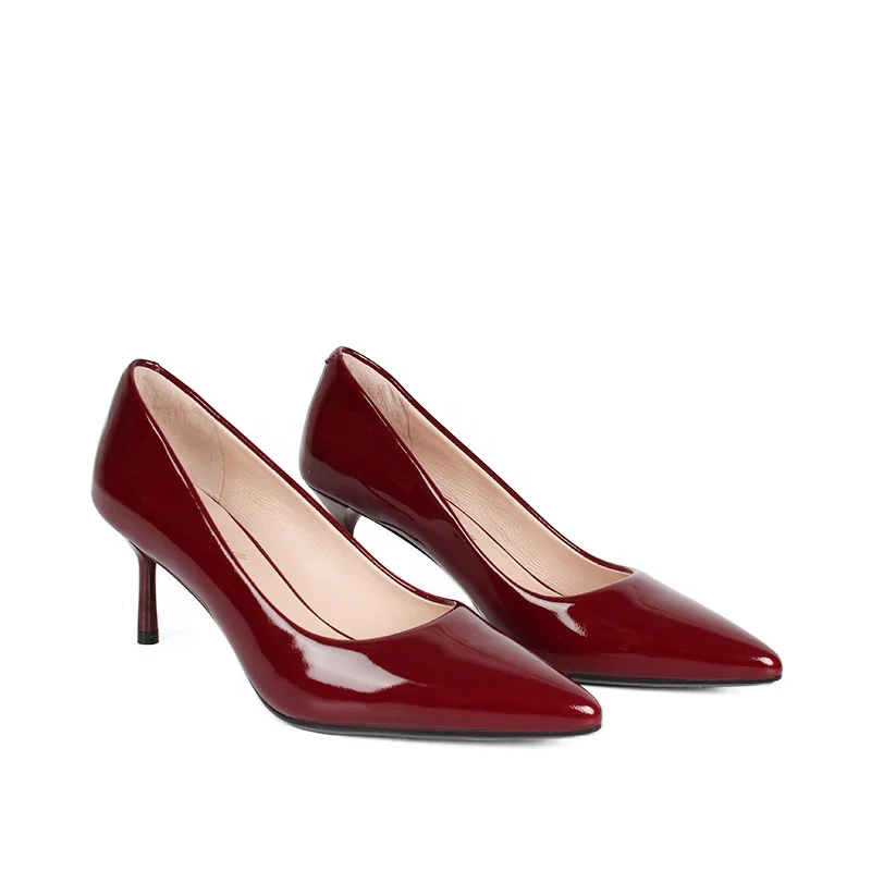 Recommend Nice Ladies Sexy Office Dress High Heel Women Pump Short Heel Burgundy Patent PU Pointed Toe Women High Heel Shoes