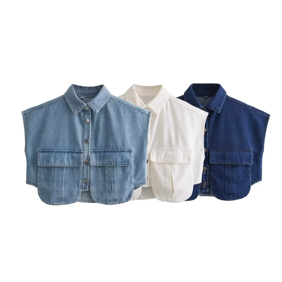 New Vintage Spring Summer Sleeveless Button Pocket Woman Tops Fashionable Ladies Denim Jeans Top Shirt Blouses