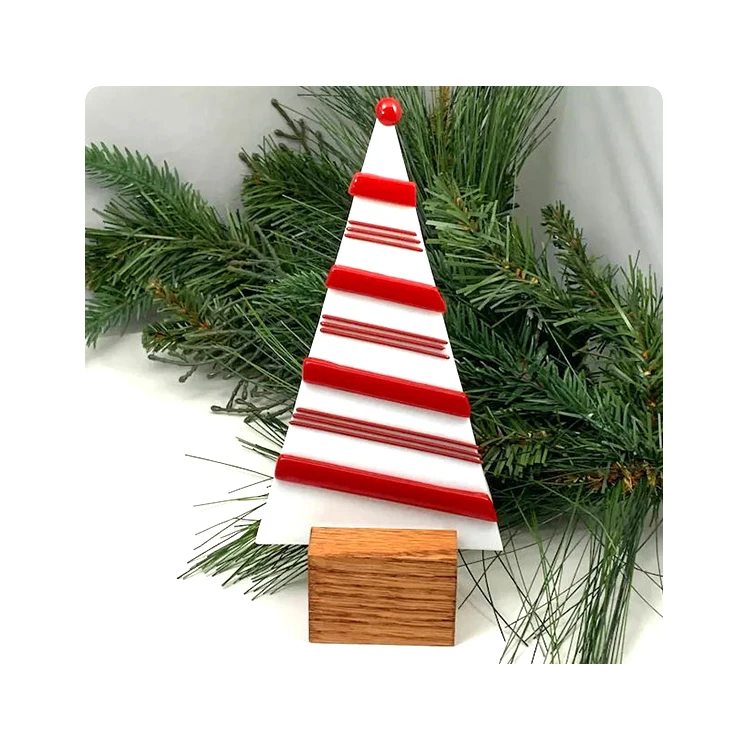 Candy Cane Strips Fused Glass Christmas Trees On Wooden Bases For Table Decoration Handmade Stained Fused Glass Table Decor