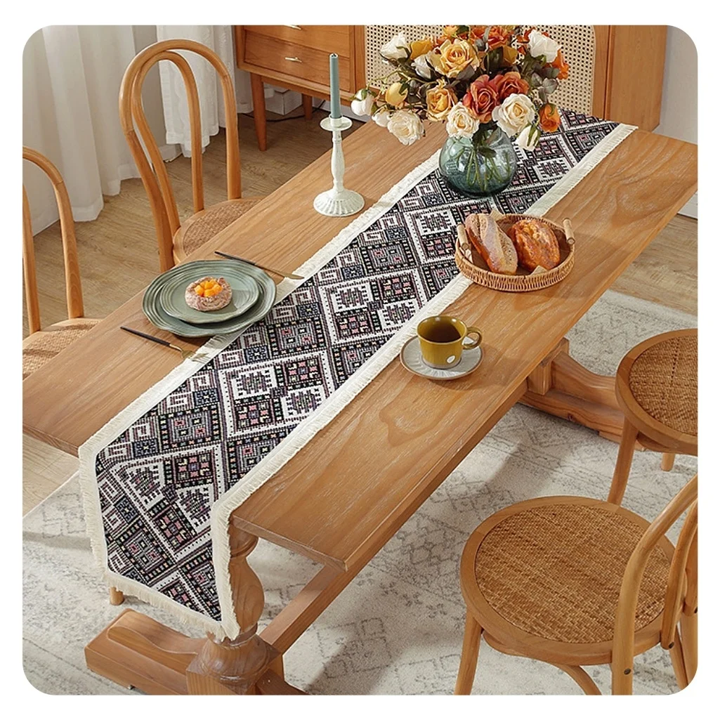 Boho Table Runner Cotton Linen Fabric with Tassel Exquisite Bohemian Design-F Rustic Farmhouse Table Runner