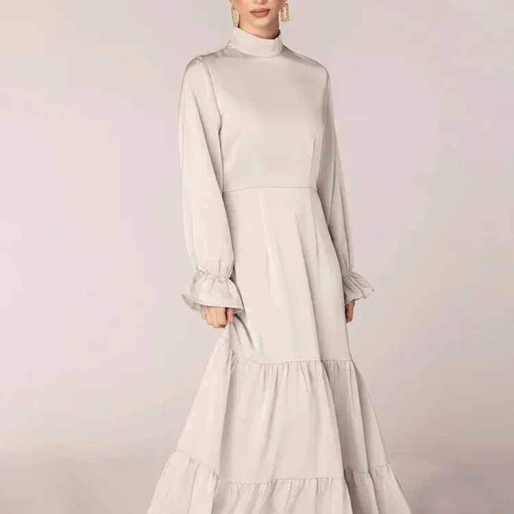 Puff Sleeve Solid Color Long Dress Muslim Islamic Clothing Maxi Women Dress Ethnic Evening Satin Modest Muslim Dresses