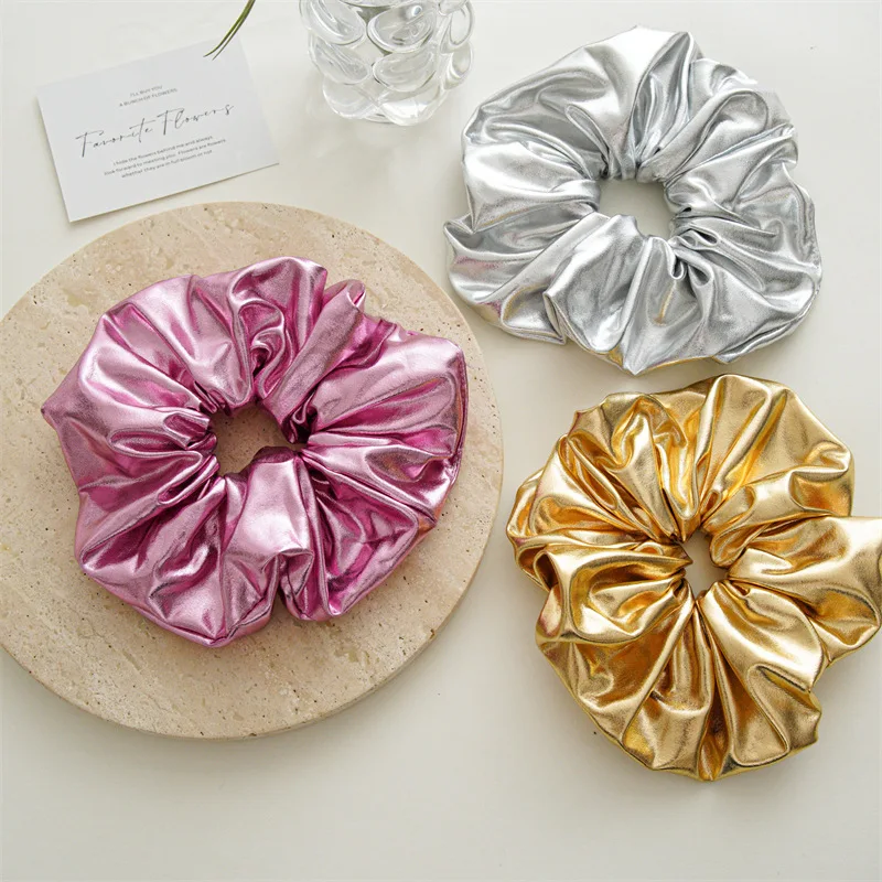 PT064D New Style Retro Shiny PU Leather Jumbo Size Smooth Elastic Fabric Simple Ladies Hair Bands Scrunchies