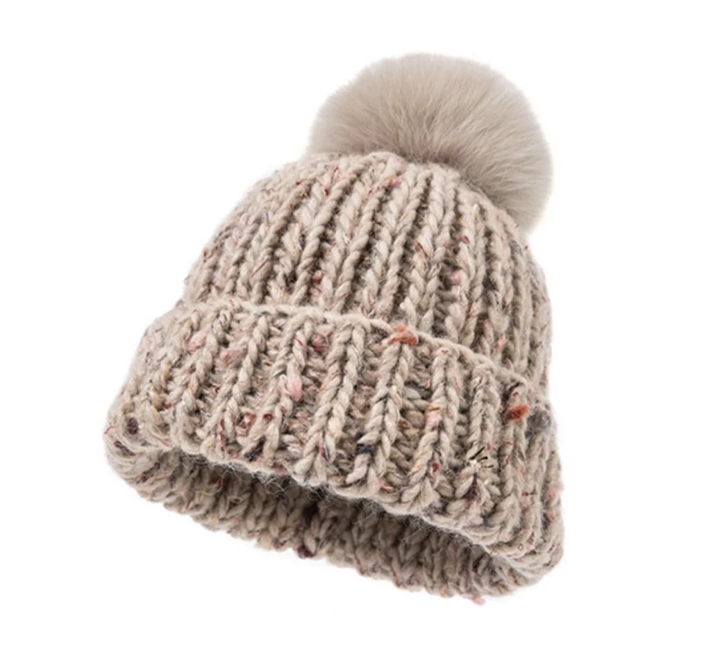 Fashion Coarse Yarn Knitted Winter Hat Braids Pattern Thick Colour Mixture Pom Pom Beanie Cap