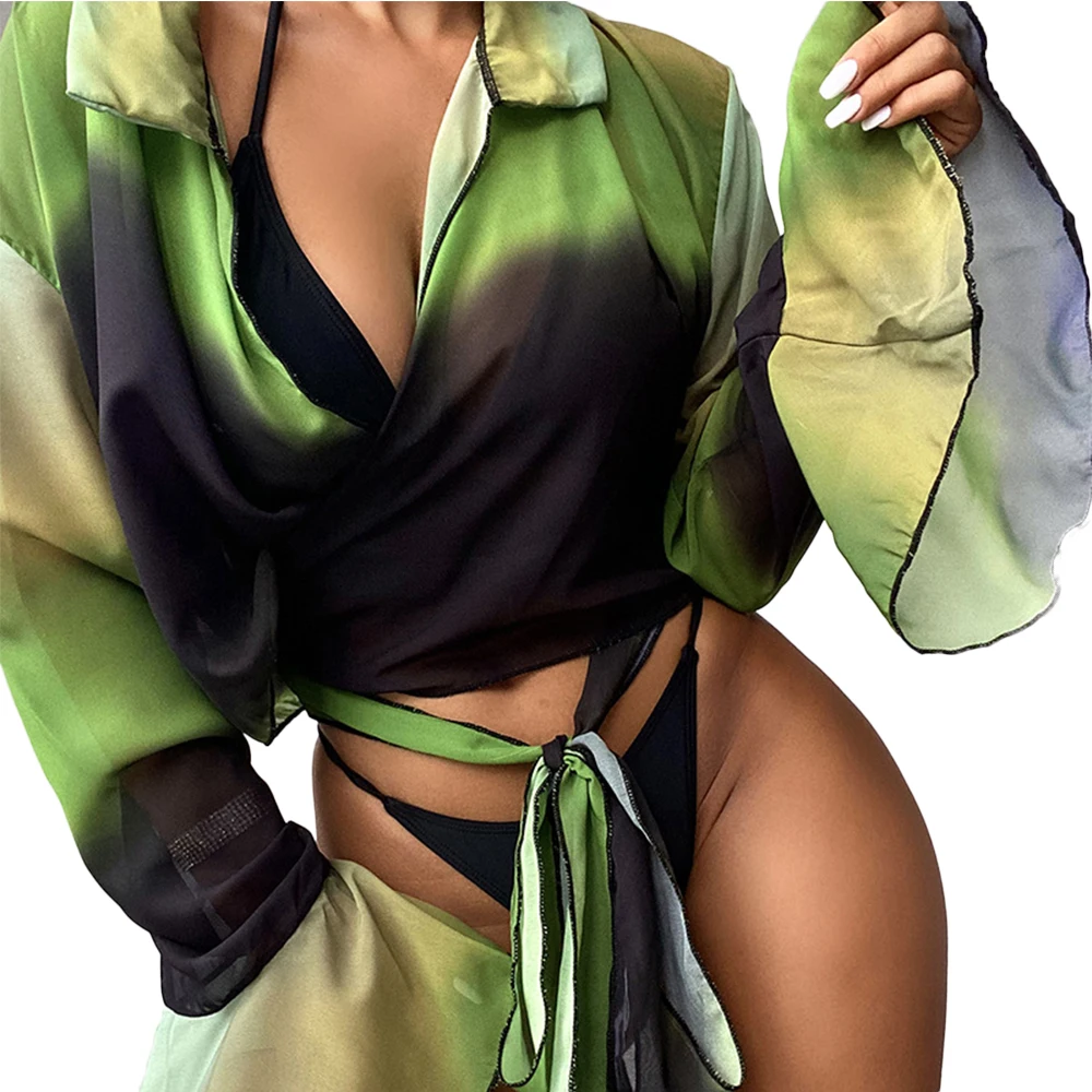 FS Sexy Extreme Micro Bikini Set Swimsuits Green Dyed Lapel Long Sleeve Horn Sleeve Strap Triangle Swimwear Three Pieces