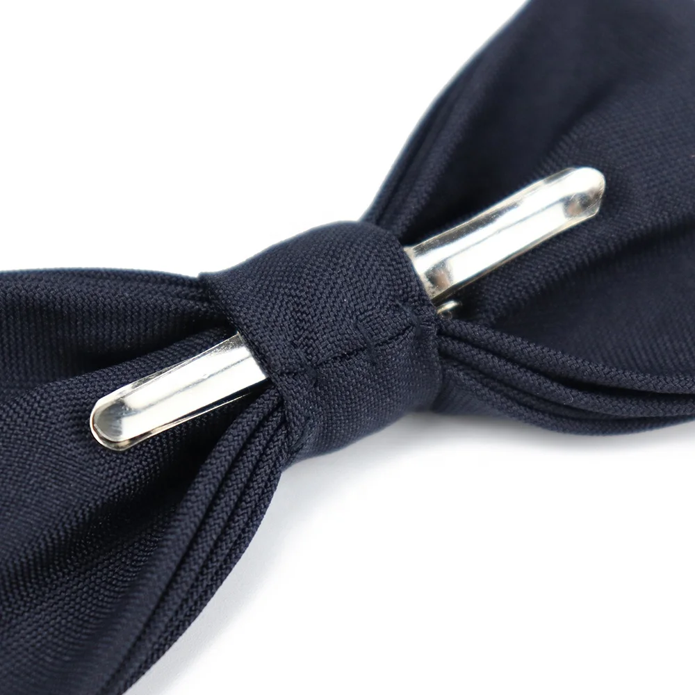 Wholesale Easy-Wear Polyester Woven Jacquard Security Clip On Bow Tie Cheap Navy Blue Plain Custom Bow Ties