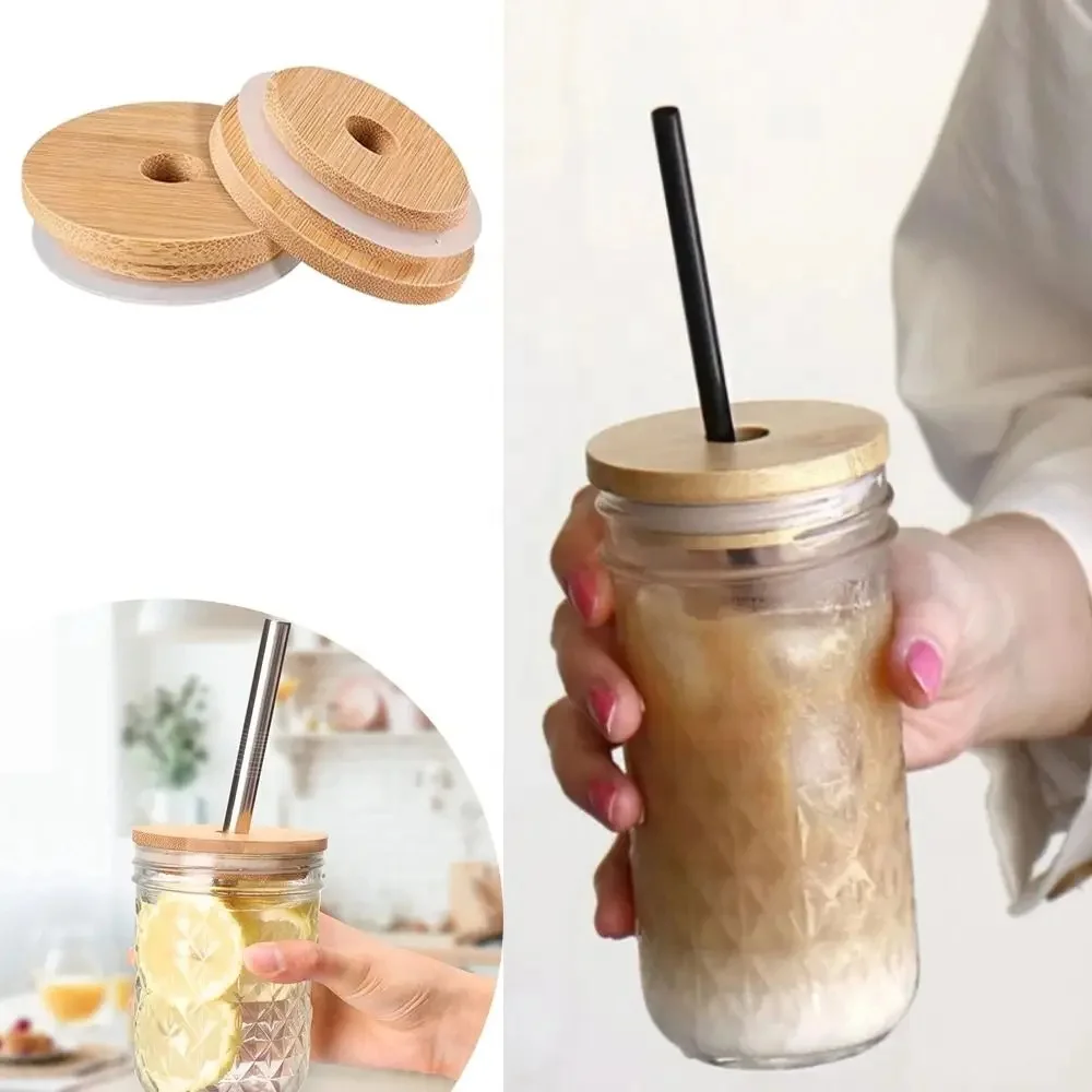 Mason Jar Lids Straw Lid With Glass Hole Can Mouth Wide Wooden Beer Bottle Canning Bamboo For Caps Cup Covers Sealing Cover