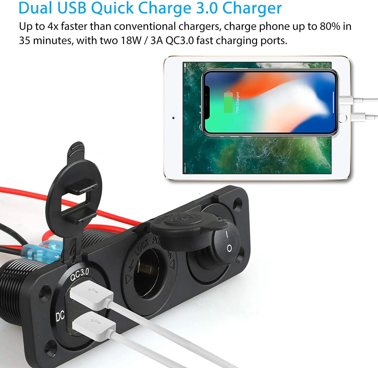 QC 3.0  Dual USB Car Socket + LED Digital Voltmeter+ Cigarette Lighter Socket Splitter + LED Lighted ON Off Rocker switch