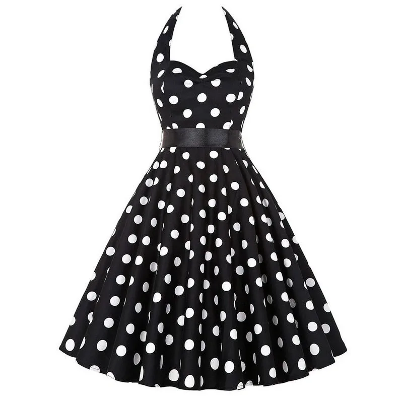 Halter Polka Dot Dress 2023 Retro Floral Hepburn Vintage 50s 60s Pin Up Rockabilly Dresses Robe Valentines Day Party Dress