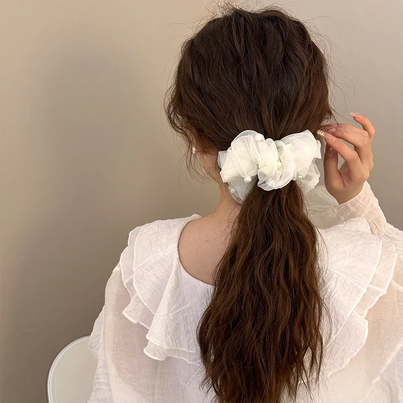 New Arrival Korean Simple Fashion Hair Rope Hair Accessories Girls Large Organza Mesh Hair Scrunchies Pearls Beaded Scrunchies