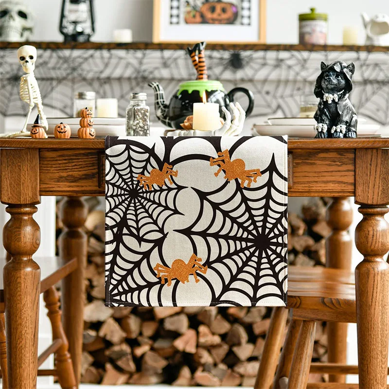 Halloween Heat Resistant Table Runner for Round Tables Bohemian Sublimation Greenery Tapestry Yellow Green Sequin Moss
