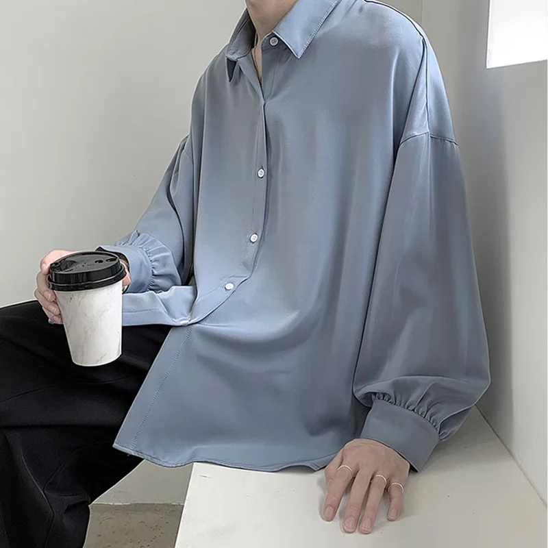 Black Long-sleeved Shirts Men Korean Comfortable Blouses Casual Loose Single Breasted Shirt