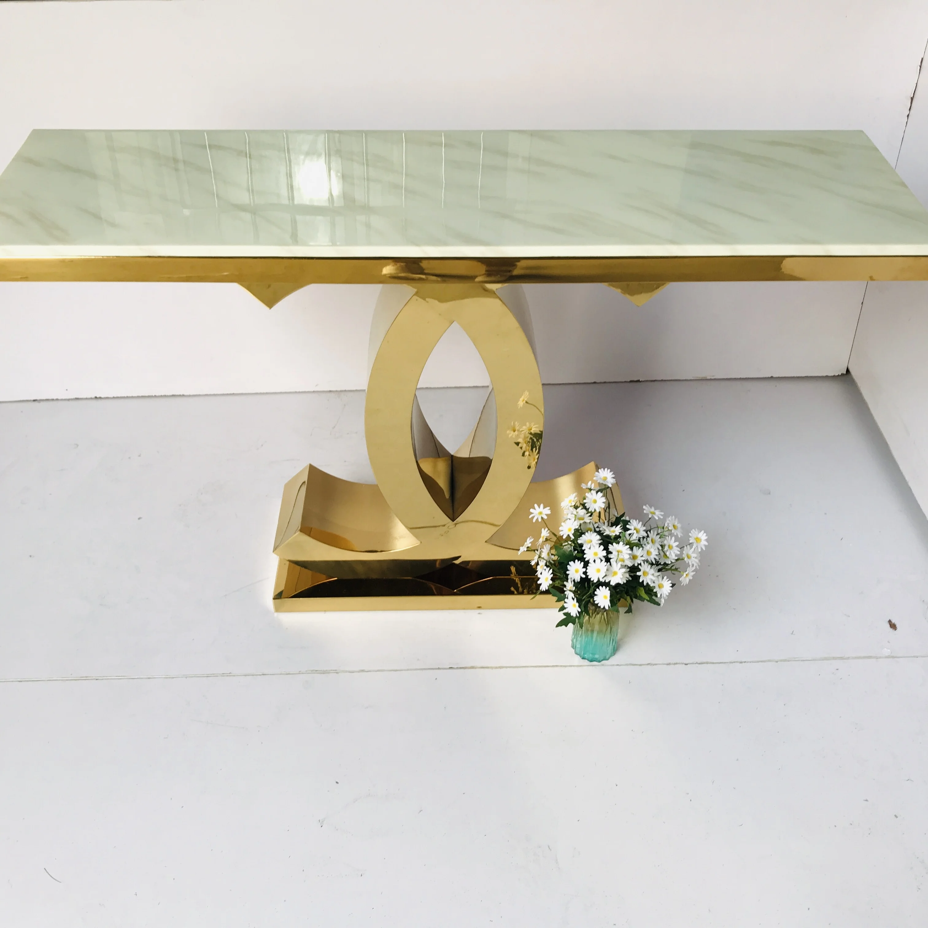 Foshan Factory Price CC Lamp Table Cc Shaped Stainless Steel High Gloss Gold Base Console Table With Marble Top