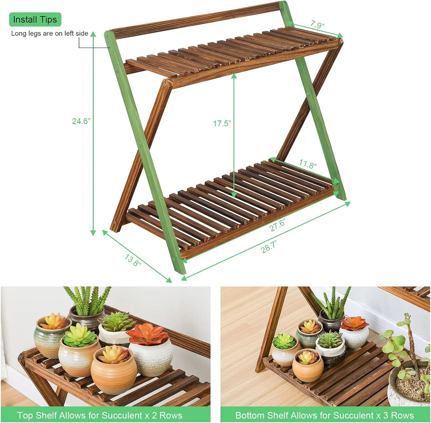 Indoor Plant Stand for Multiple Plants 2 Tier Wood Corner Plant Shelf Rack with Planter Hanger Outdoor Flower Pot Stand Holder