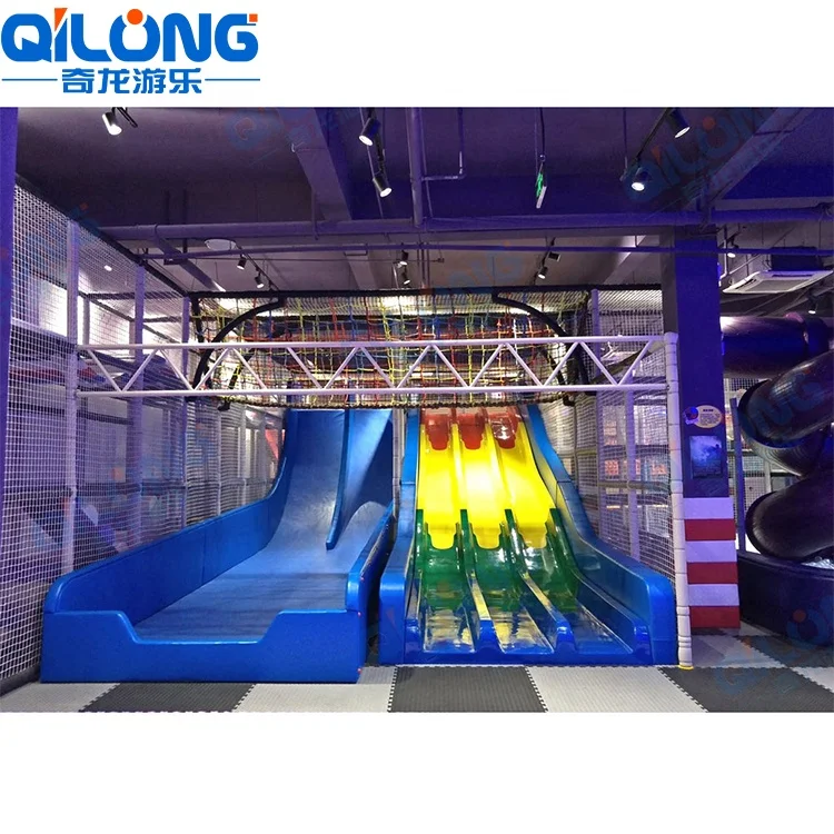 Indoor Playground Equipment With Big Slides Straight Slide And Zip Line