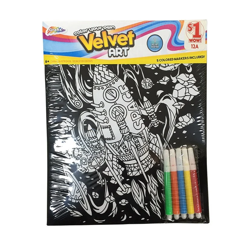 Guangzhou Factory High Quality Custom Coloring Book Printing Black Velvet Coloring Poster with 5 Coloring Pen For Kids