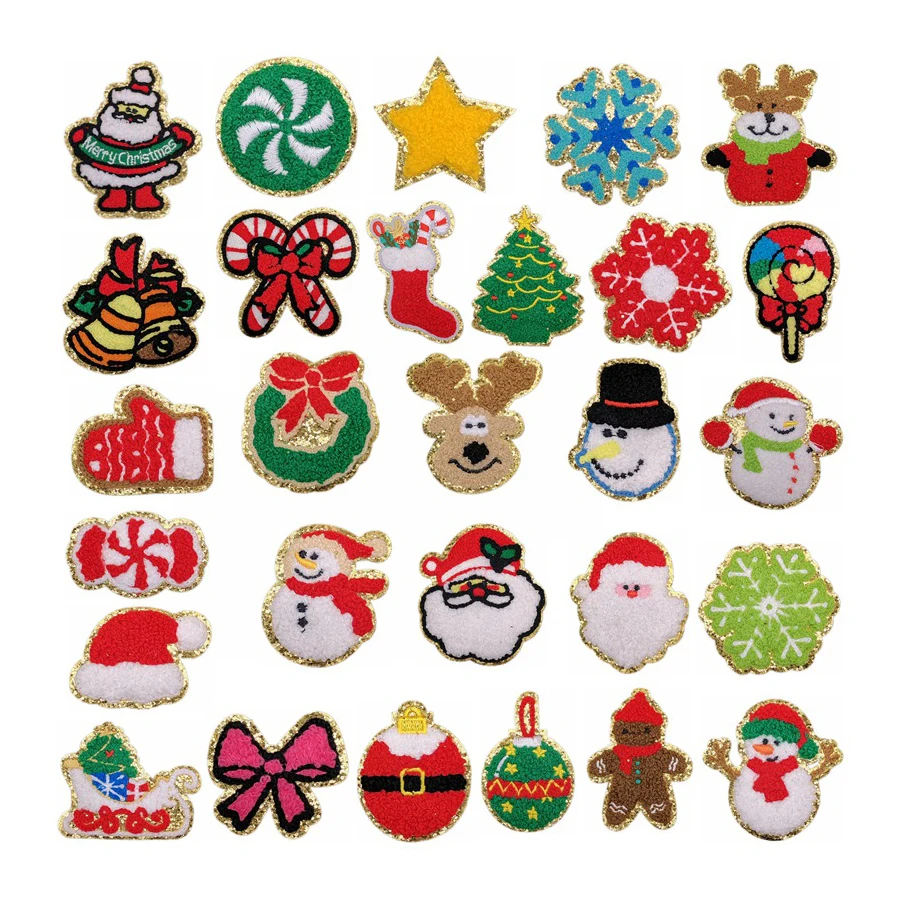 Christmas gold glitter handmade embroidery iron on chenille patch christmas tree snowman christmas patch