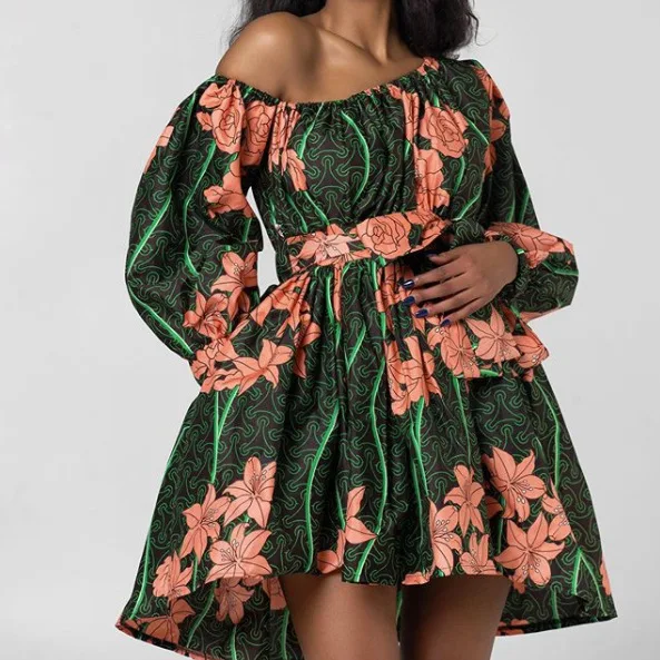 Hot Sale African Ladies Clothing Sexy One Shoulder Short Dresses Fashion Printed Belted Kitenge Dress Designs For African Women