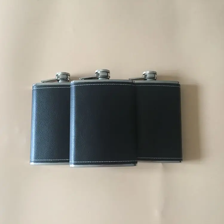 Stainless Steel Black Hip Flask With Leather Cover for Whisky