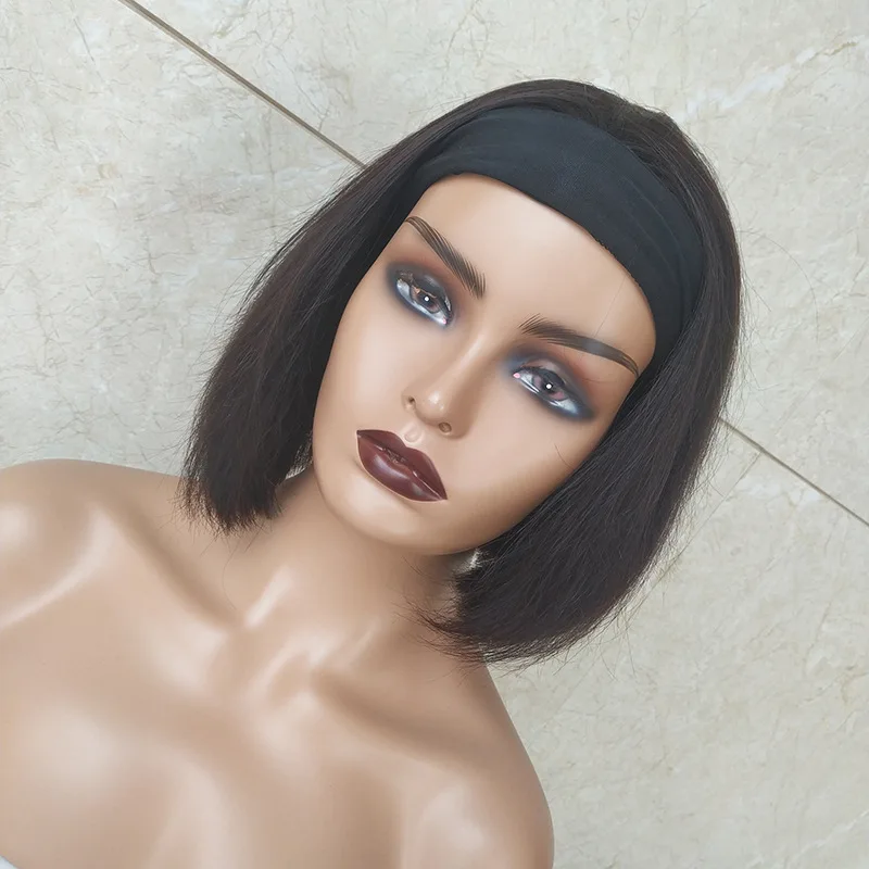 STOCK Headband machine made short bang bob 12a double drawn fringe natural cuticle aligned human hair straight wig