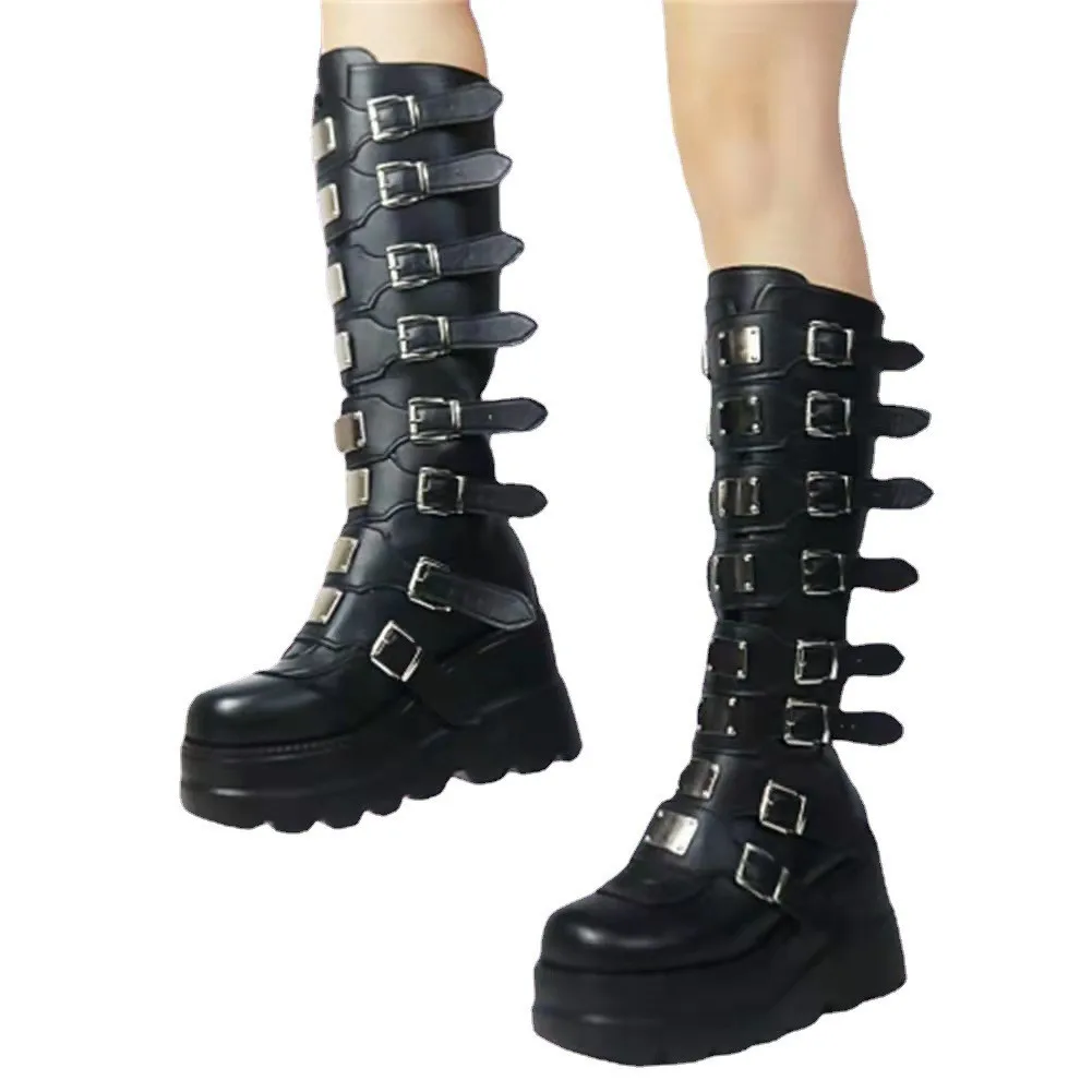 New Fashion Spring Autumn Knee High Wedges Chunky Platform Comfy Walking Gothic Style Women Shoes High Women Boots