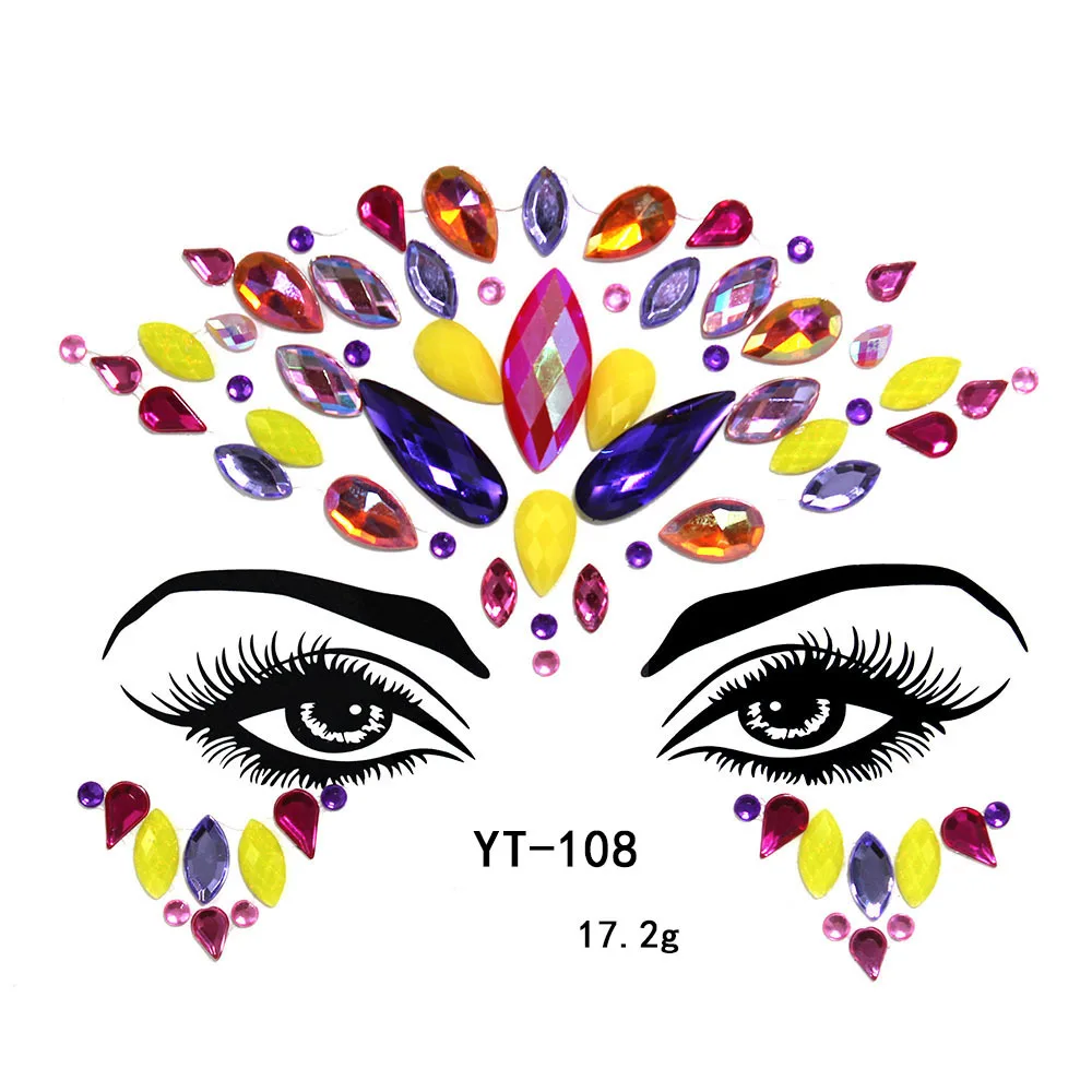 Hot selling rhinestone crystal tattoo stickers natural resin material masquerade dress up face jewelry stickers