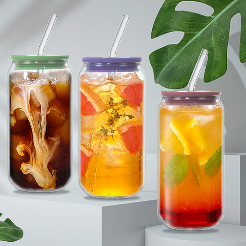 Custom Borosilicate Glassware Tumbler 12/16/25oz Cups Mugs Dinking Glasses Can Shaped Beer Glass boba cups and lids and straw