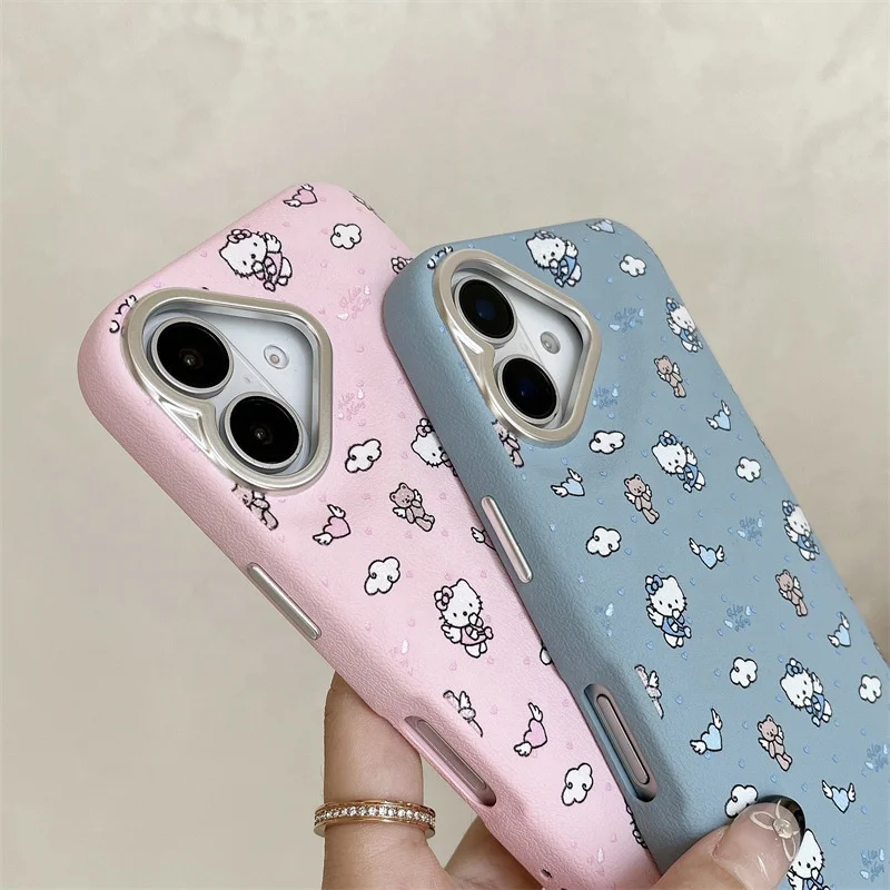 Fashion Girl Cartoon Drum Bag Full Powder Blue Cat Shockproof Mobile Phone Accessories Cover Case For iPhone 13 14 15 16 Pro Max