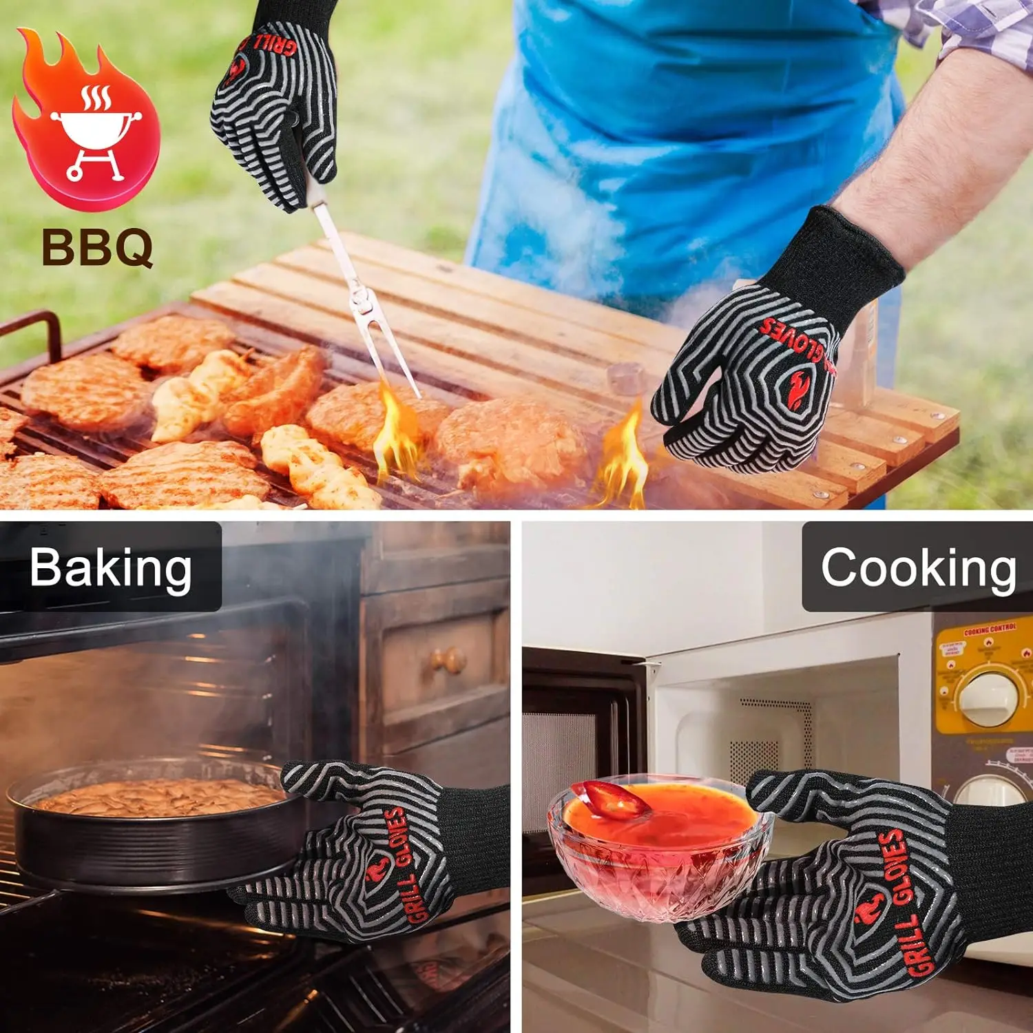 1472F Extreme Heat Resistant Silicone Non-Slip Kitchen Oven Mitts BBQ Gloves for BBQ, Cooking, Baking