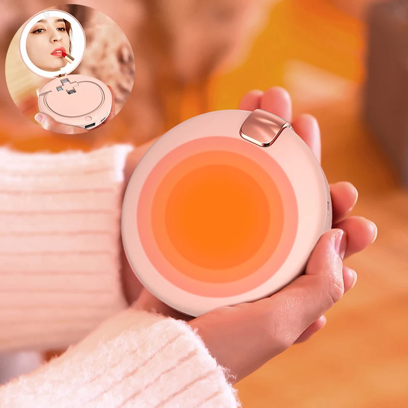 Mini Portable USB Rechargeable Smart Warmer Heater With Fill Lighting Makeup Mirror Power Bank For Hand Winter Home Travel Girl