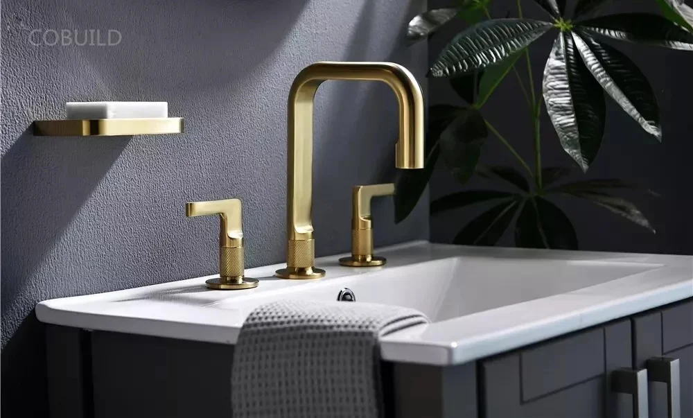 8 inch Widespread Bathroom Sink Faucet 2 Handles Brushed Gold Bathroom faucets Brass Water Basin Faucet for Bathroom